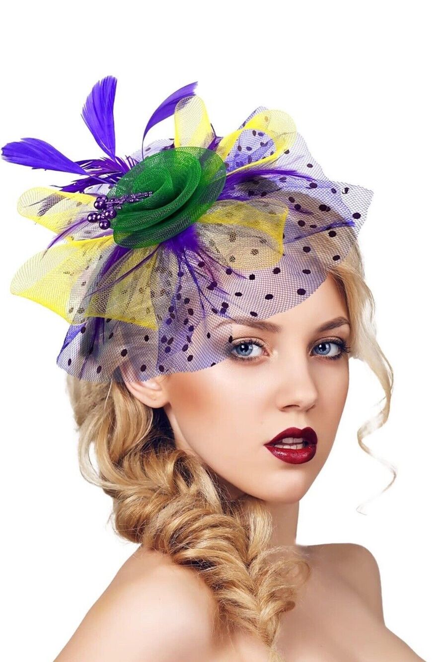 Mardi Gras Feather Mesh Fascinator Hat Hair Clip/Band Wedding Tea Cocktail Party